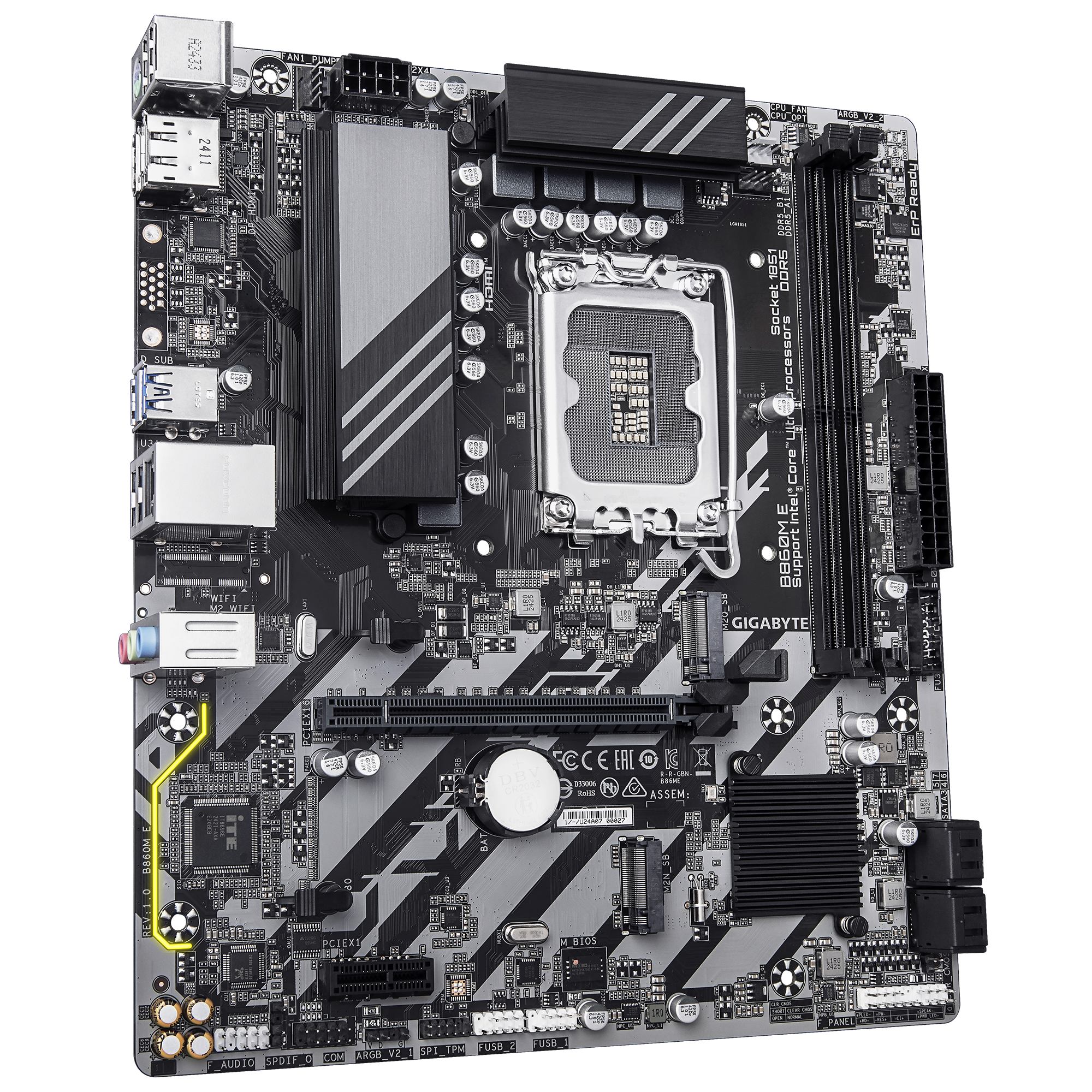 Gigabyte B860M E | Processor family Intel | Processor socket LGA1851 | DDR5 | Supported hard disk drive interfaces SATA, M.2 | Number of SATA connectors 4
