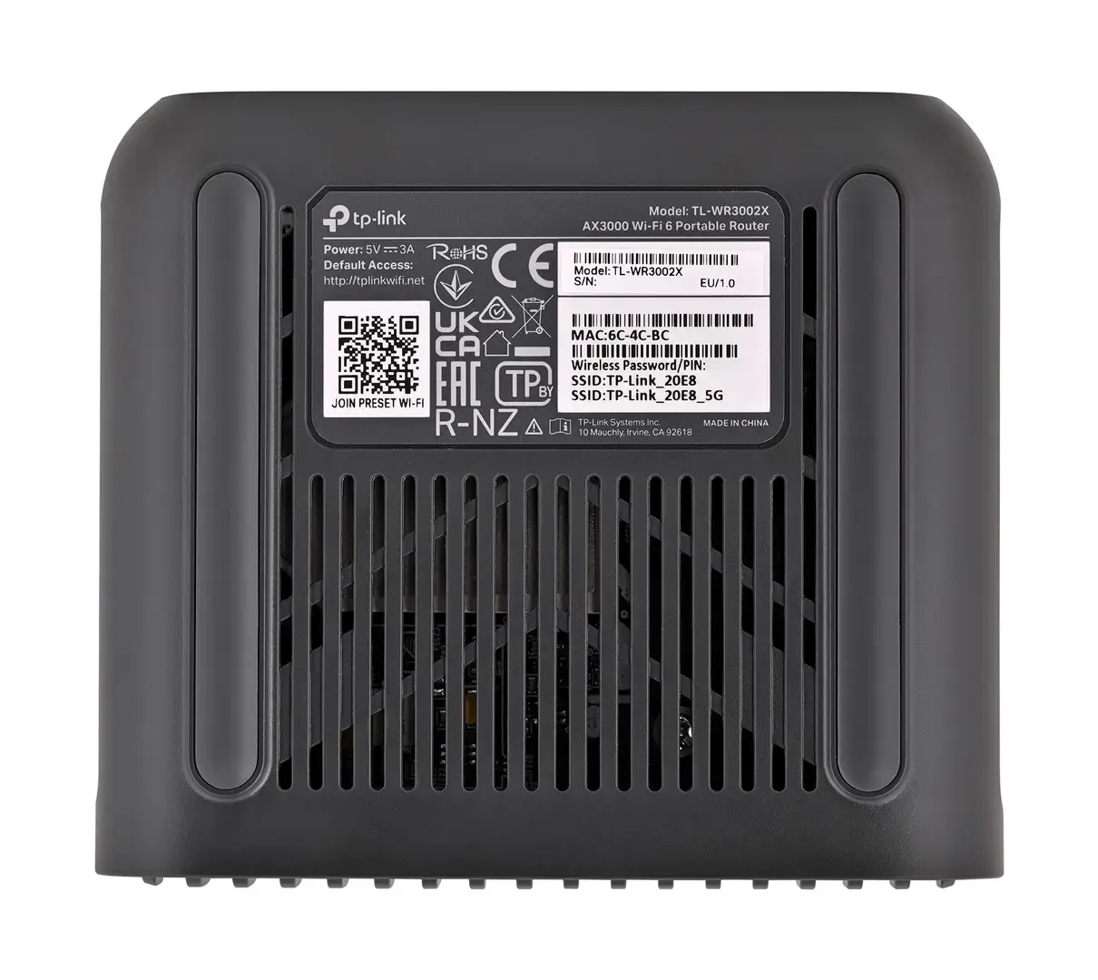 TP-LINK AX3000 Wi-Fi 6 Portable Router | TL-WR3002X | 802.11ax | 574/2402 Mbit/s | Ethernet LAN (RJ-45) ports 1 | Mesh Support No | MU-MiMO No | No mobile broadband