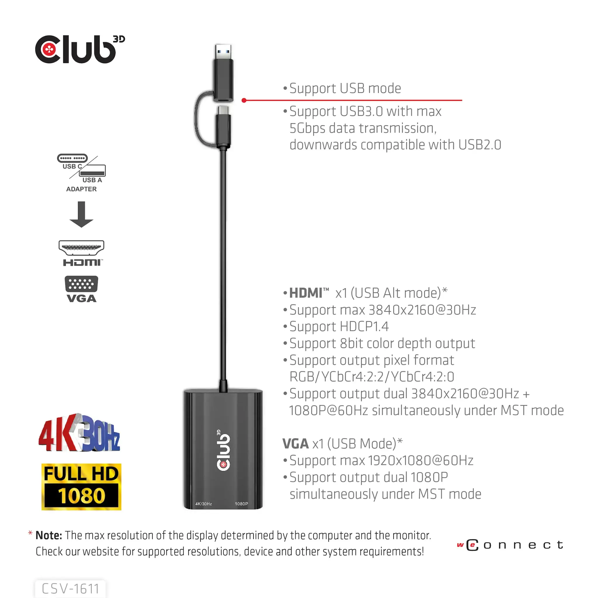 CLUB3D USB Gen1 Type-C/-A to Dual HDMI (4K/30Hz) / VGA (1080/60Hz), 0.22 m, USB Type-C, HDMI + VGA (D-Sub), Male, Female, Straight