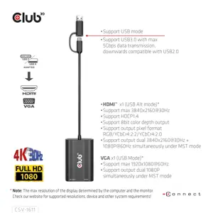 CLUB3D USB Gen1 Type-C/-A to Dual HDMI (4K/30Hz) / VGA (1080/60Hz), 0.22 m, USB Type-C, HDMI + VGA (D-Sub), Male, Female, Straight