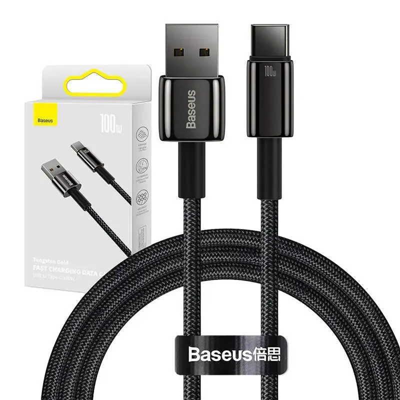 USB ir USB-C "Baseus Tungsten Gold" kabelis, 100 W, 1 m (juodas)