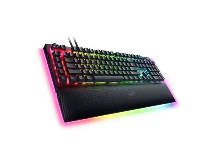 "Razer BlackWidow V4 Pro" mechaninė žaidimų klaviatūra su RGB LED apšvietimu, JAV, laidinė, juoda, geltoni jungikliai, skaičių klaviatūra