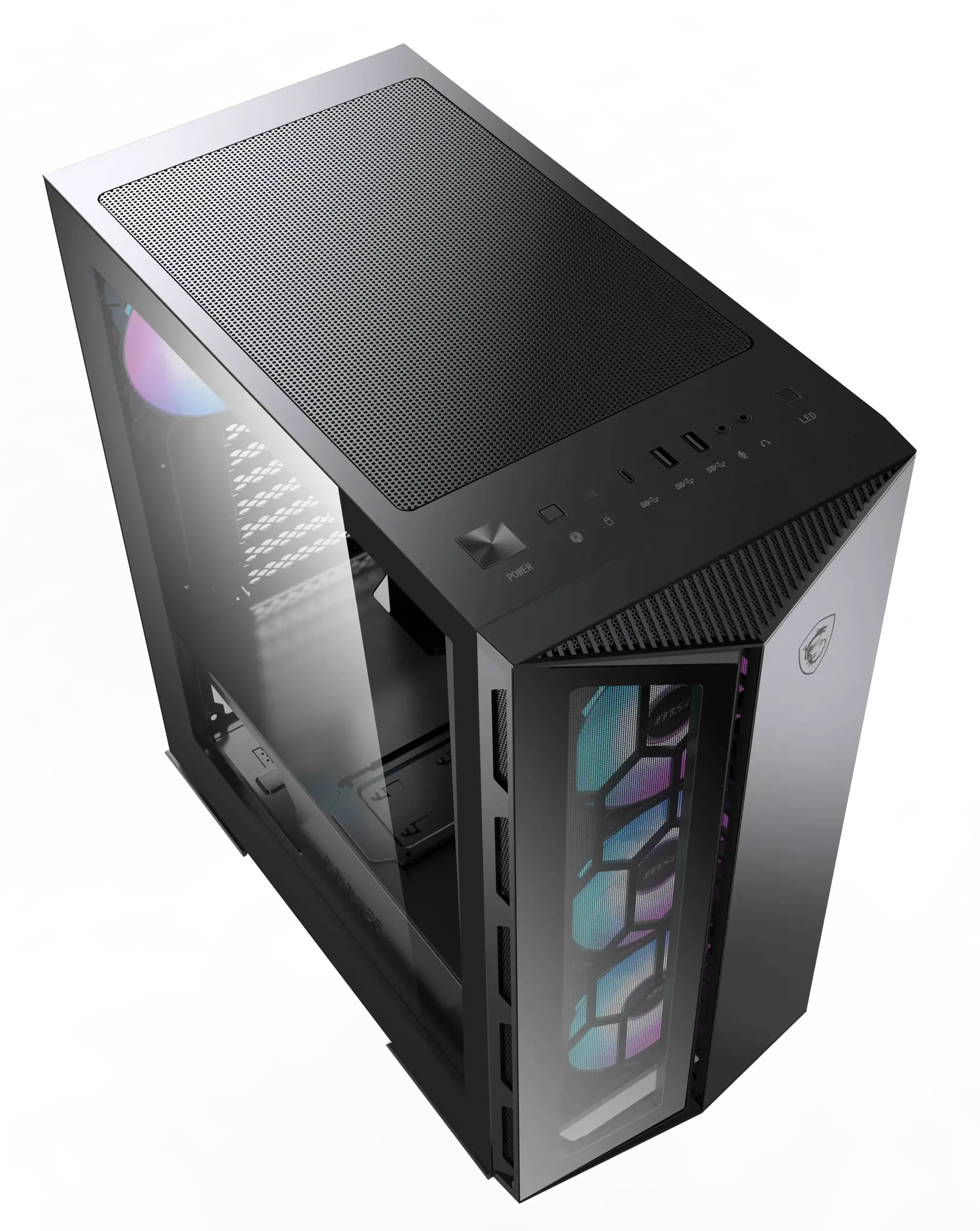 MSI MPG GUNGNIR 110R Vidutinio bokšto žaidimų kompiuterio korpusas, juodas, USB 3.2 Gen2 C tipo, 4x 120 mm ARGB ventiliatorius, "Mystic Light Sync", 1-6 ARGB valdymo plokštė, 2x grūdinto stiklo plokštės, ATX, mATX, mini-ITX, Midi Tower, kompiuteris, juodas, ATX, micro ATX, mini-ITX, metalas, plastikas, SPCC, grūdintas stiklas, žaidimų