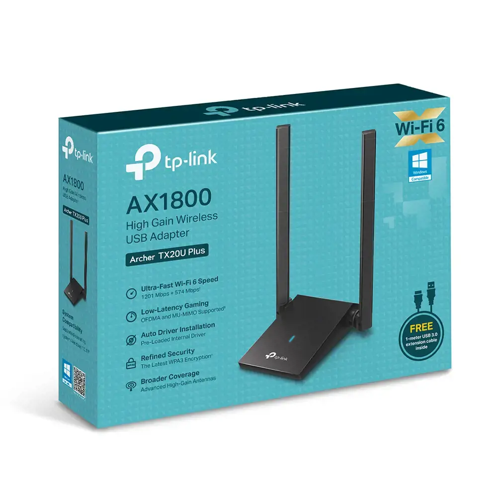 TP-Link AX1800 Dviejų antenų didelio stiprumo belaidis USB adapteris, 1800 Mbit/s, 574 Mbit/s, 1201 Mbit/s, IEEE 802.11a, IEEE 802.11ac, IEEE 802.11ax, IEEE 802.11b, IEEE 802.11g, IEEE 802.11g, IEEE 802.11n, kelių naudotojų MIMO, 16 dBm