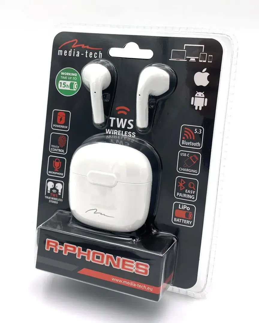 MEDIATECH MT3589W R-PHONES- "Bluetooth" ausinės TWS su maitinimo baterija. Balta