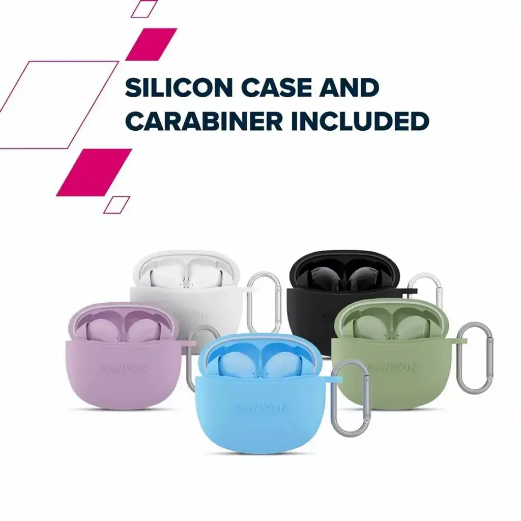 "Canyon" TWS-5 "Bluetooth" ausinės su mikrofonu, BT V5.3 JL 6983D4, dažnių diapazonas: 20Hz-20kHz, baterija "EarBud" 40mAh*2+įkrovimo dėklas 500mAh, C tipo laido ilgis 0,24 m, dydis: 58,5*52,91*25,5 mm, 0,036 kg, baltos spalvos