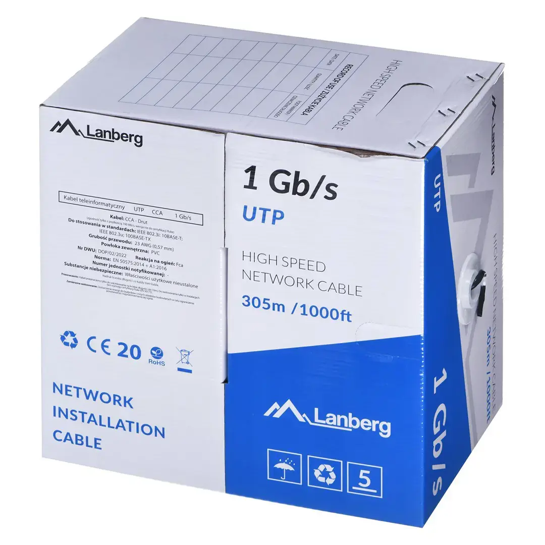 LANBERG LAN KABELIS UTP 1GB/S 305M SOLID CCA JUODAS