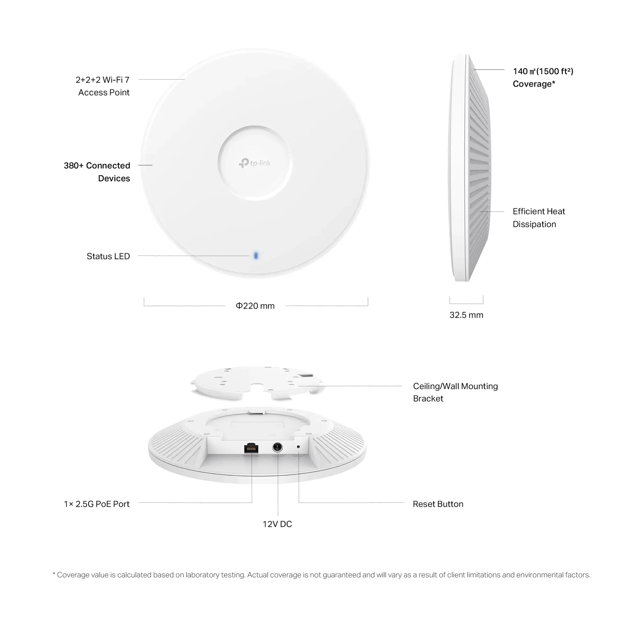 TP-Link Omada BE9300 Ceiling Mount Tri-Band Wi-Fi 7 Access Point, 9300 Mbit/s, 574 Mbit/s, 2880 Mbit/s, 5760 Mbit/s, 2500 Mbit/s, IEEE 802.11a, IEEE 802.11ac, IEEE 802.11ax, IEEE 802.11b, IEEE 802.11be, IEEE 802.11g, IEEE 802.11n