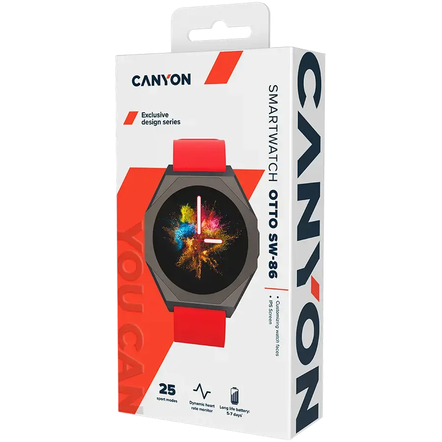 CANYON Otto SW-86, išmanusis laikrodis Realtek 8762DK LCD 1.3'' LTPS 360X360px, G+F 1+gesture 192KB ličio jonų polimero baterija 3.7v 280mAh, ginklo aliuminio lydinio korpuso vidurinis rėmas + plastikinis apatinis korpusas + šiltas raudonas silikoninis dirželis + ginklo dirželio sagtis. šeimininkas: 45,4 * 42,4 * 9,6 mm.