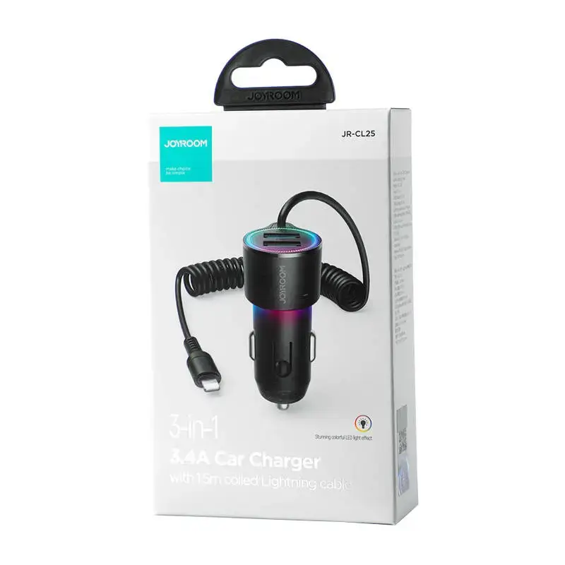 Automobilinis įkroviklis "Joyroom JR-CL25", 2x USB + "Lightning" laidas (juodas)