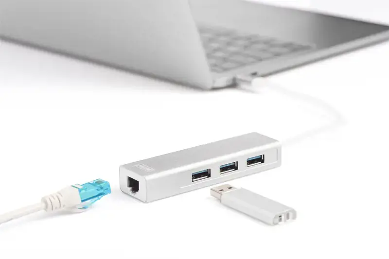 DIGITUS 3 prievadų USB 3.0 C tipo šakotuvas su Gigabit Ethernet 3xUSB A/F 1xUSB C/M 1xRJ45 LAN Palaiko Windows ir Mac OS