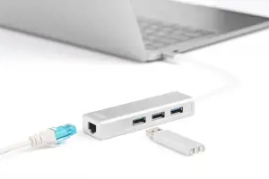 DIGITUS 3 prievadų USB 3.0 C tipo šakotuvas su Gigabit Ethernet 3xUSB A/F 1xUSB C/M 1xRJ45 LAN Palaiko Windows ir Mac OS