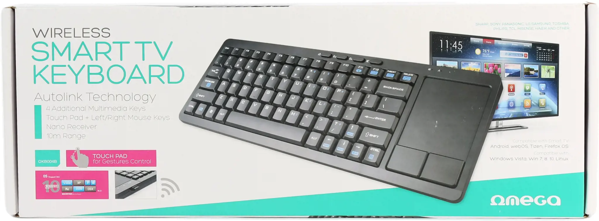 Omega OKB004B belaidė klaviatūra + jutiklinė planšetė, skirta išmaniajam televizoriui | Android | MacOS | Linux | iTV | 2,4 Ghz USB juoda (LAT)