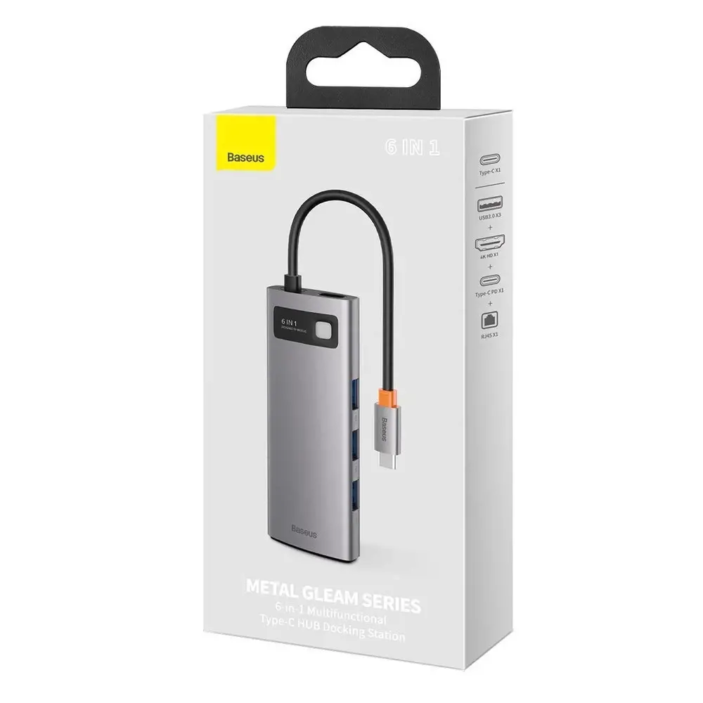 Baseus Metal Gleam 6in1 multifunctional HUB USB Type C - USB Type C Power Delivery 100 W | HDMI 4K 30 Hz | 3x USB 3.2 Gen 1 | RJ45 1 Gbps (CAHUB-CW0G)