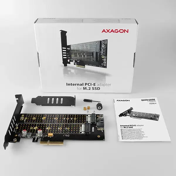 AXAGON PCEM2-D PCI-E 3.0 4x - DUAL M.2 SSD (NVMe + SATA), dviguba įtampa, iki 110 mm SSD