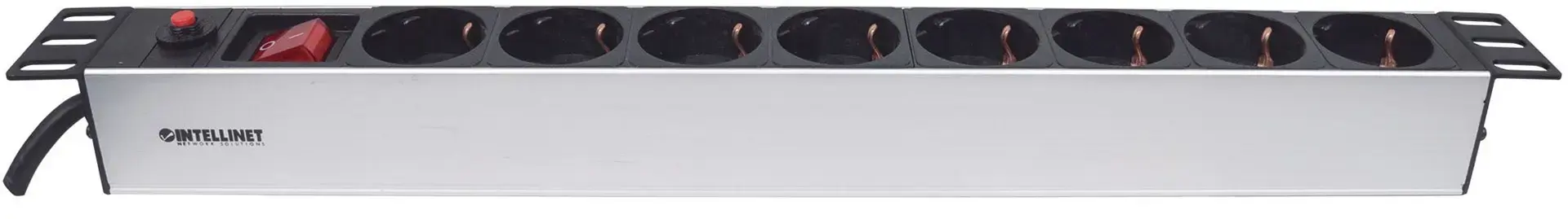 "Intellinet" 19" 1U stovo tipo 8 jungčių maitinimo elementas - vokiškas, su įjungimo/išjungimo jungikliu ir apsauga nuo perkrovos, 3 m ilgio maitinimo laidas (europinis 2 kontaktų kištukas)