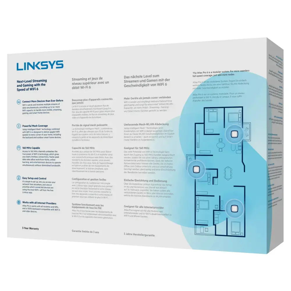 Linksys Atlas Pro 6, baltas, vidinis, 502 m², dviejų dažnių (2,4 GHz / 5 GHz), Wi-Fi 6 (802.11ax), 802.11a, 802.11b, 802.11g, Wi-Fi 4 (802.11n), Wi-Fi 5 (802.11ac), Wi-Fi 6 (802.11ax)