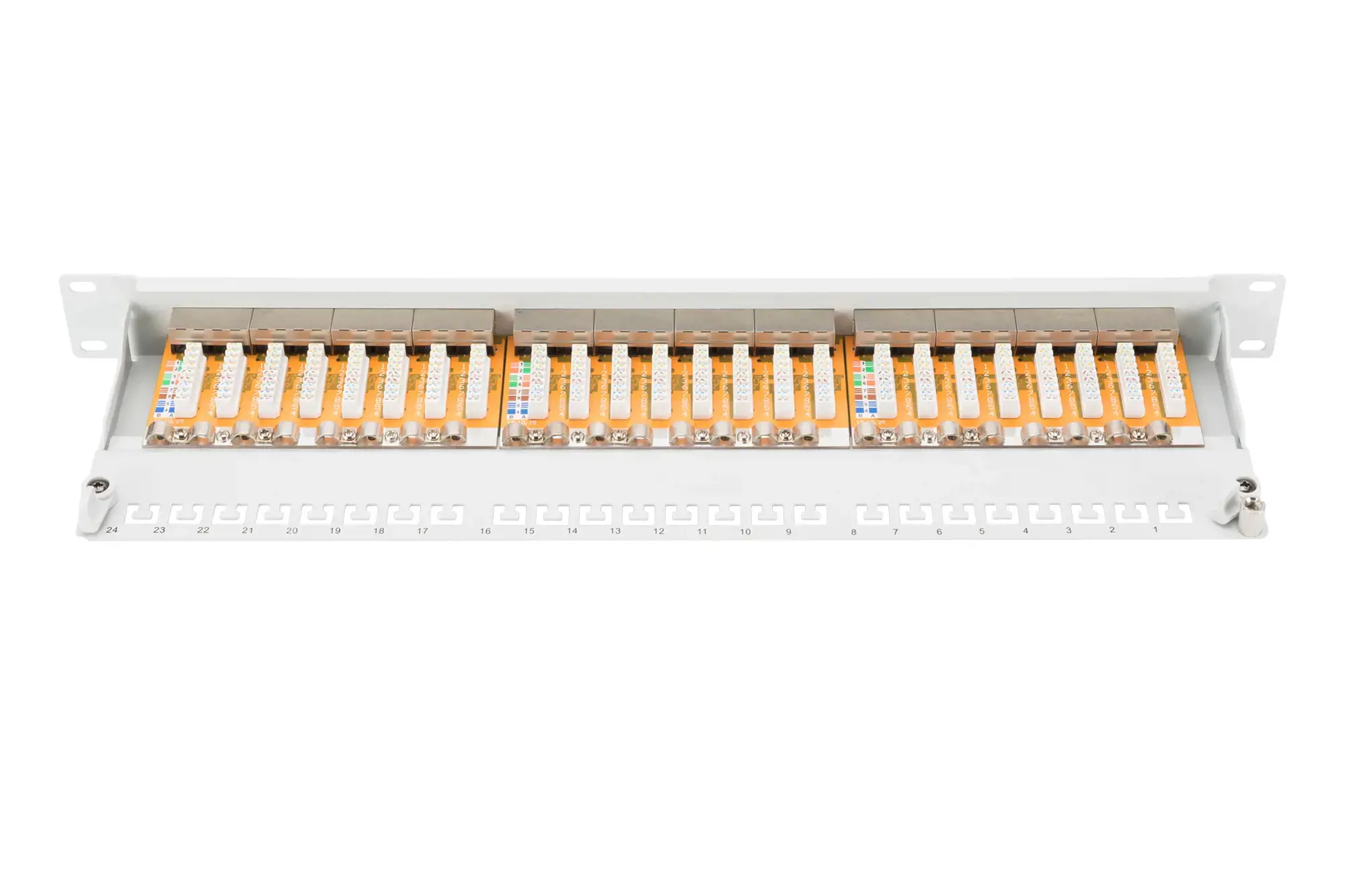 DIGITUS Patch Panel 19inch 24Port Cat6 ekranuotas pilkas RAL7035 kabelių montavimas apie LSA