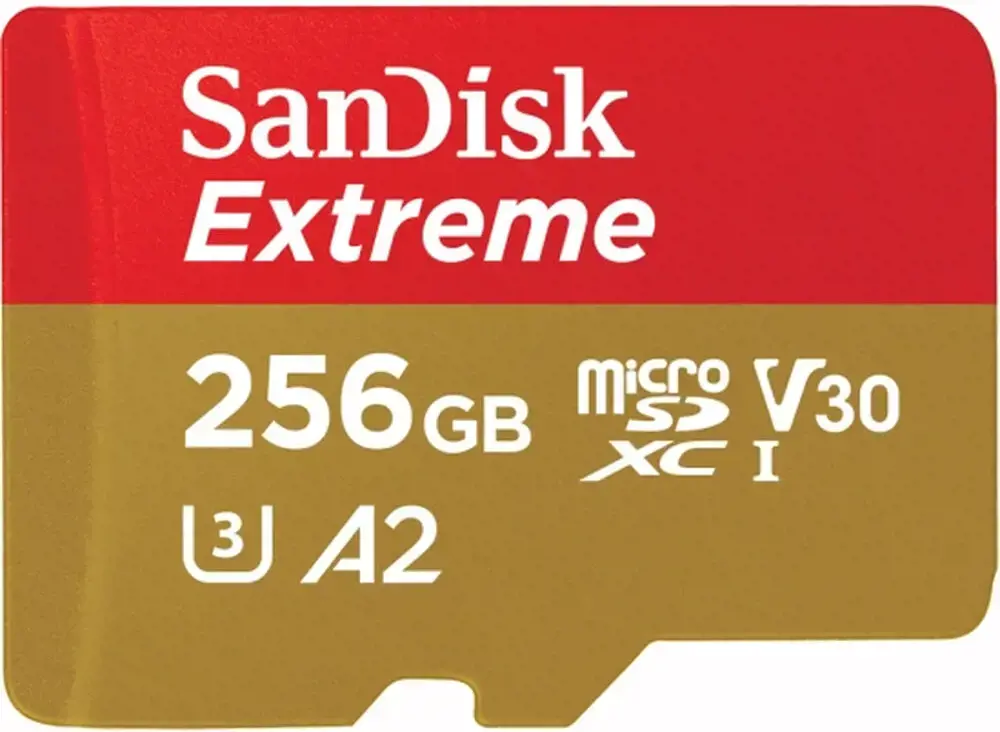 "SanDisk Extreme microSDXC 256GB + SD adapteris + 1 metų "RescuePRO Deluxe" iki 190MB/s ir 130MB/s skaitymo/rašymo greitis A2 C10 V30 UHS-I U3; EAN:619659188504