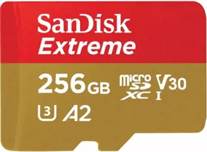 "SanDisk Extreme microSDXC 256GB + SD adapteris + 1 metų "RescuePRO Deluxe" iki 190MB/s ir 130MB/s skaitymo/rašymo greitis A2 C10 V30 UHS-I U3; EAN:619659188504