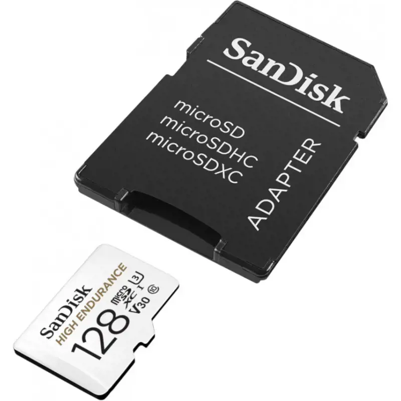 "SanDisk High Endurance microSDXC" 128 GB + SD adapteris - skirtas automobilinėms kameroms ir namų stebėjimui, iki 10 000 valandų, "Full HD" / 4K vaizdo įrašai, iki 100/40 MB/s skaitymo / rašymo greitis, C10, U3, V30; EAN:619659173104