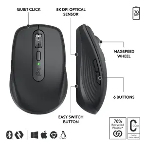 Logitech MX Anywhere 3S for Business, Right-hand, Laser, RF Wireless + Bluetooth, 8000 DPI, Graphite