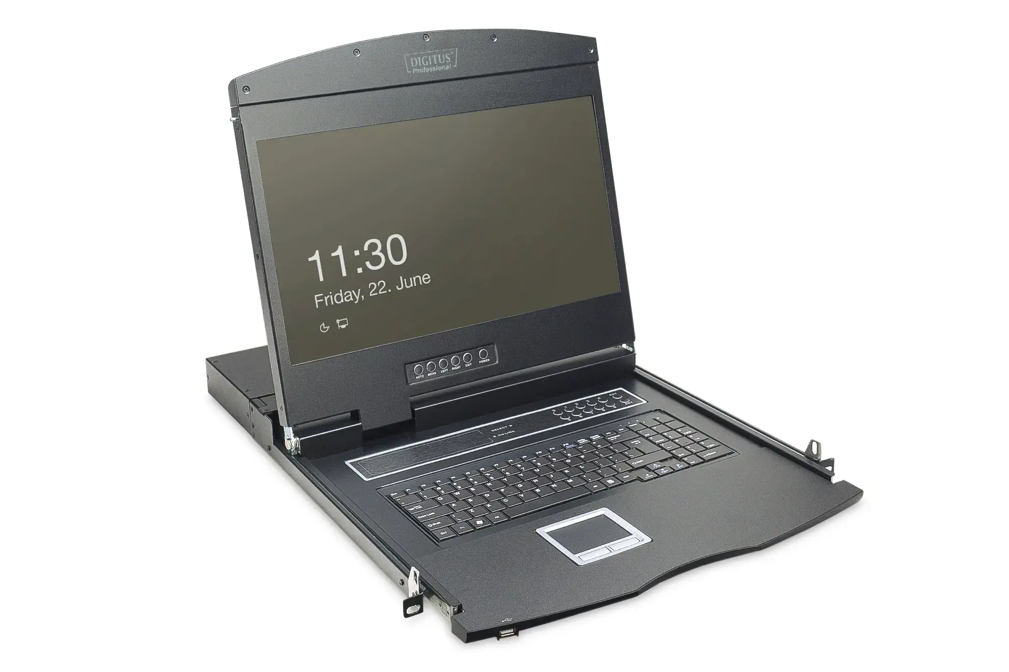 DIGITUS modulinė 48,3 cm 19 colių TFT konsolė su 8 KVM prievadais JAV klaviatūra RAL 9005 juoda spalva
