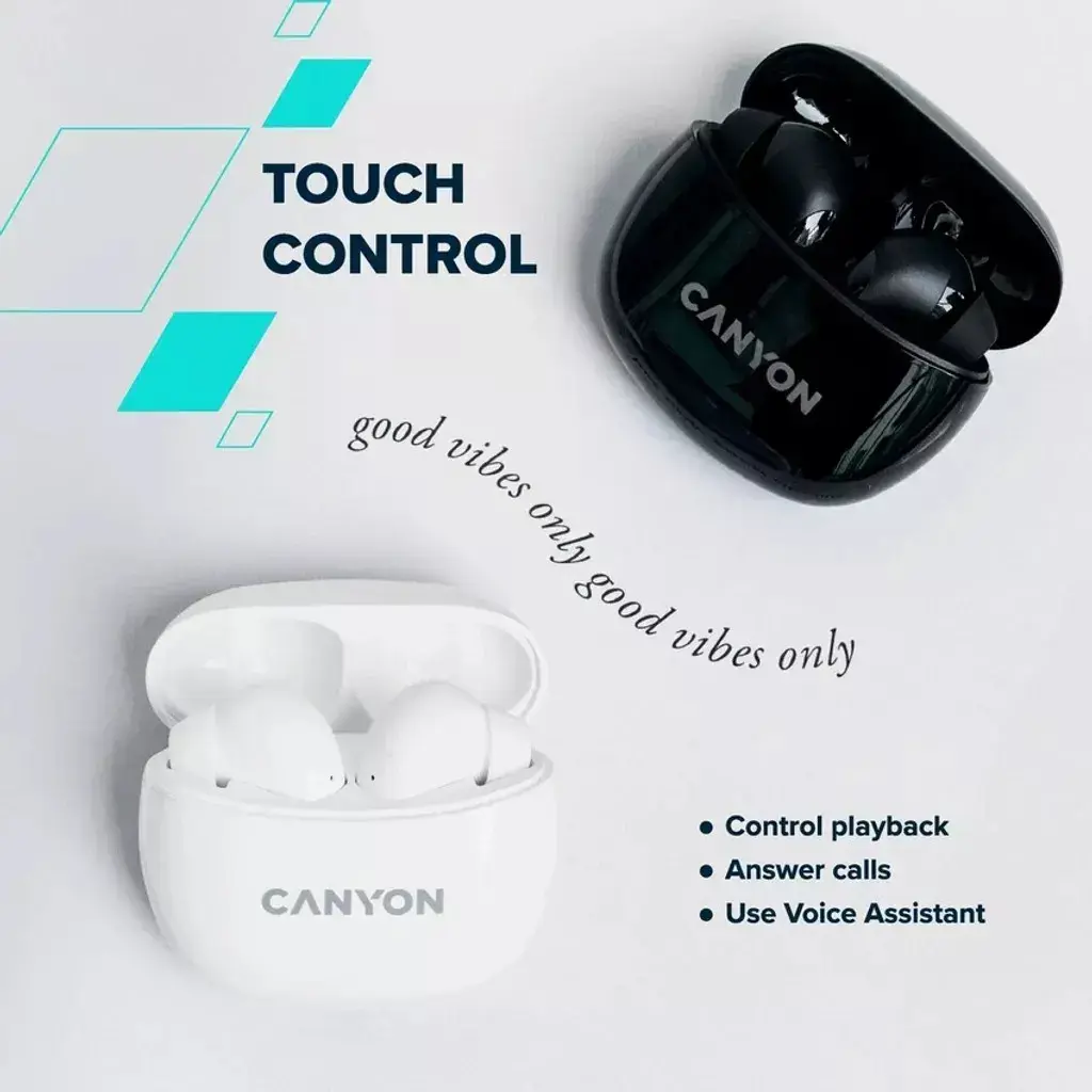 "Canyon" TWS-5 "Bluetooth" ausinės su mikrofonu, BT V5.3 JL 6983D4, dažnių diapazonas: 20Hz-20kHz, baterija "EarBud" 40mAh*2+įkrovimo dėklas 500mAh, C tipo laido ilgis 0,24 m, dydis: 58,5*52,91*25,5 mm, 0,036 kg, baltos spalvos