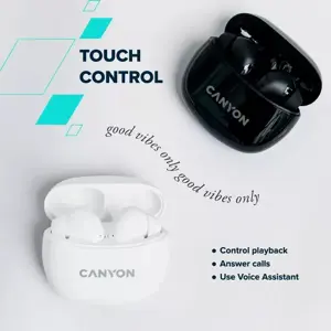 "Canyon" TWS-5 "Bluetooth" ausinės su mikrofonu, BT V5.3 JL 6983D4, dažnių diapazonas: 20Hz-20kHz, baterija "EarBud" 40mAh*2+įkrovimo dėklas 500mAh, C tipo laido ilgis 0,24 m, dydis: 58,5*52,91*25,5 mm, 0,036 kg, baltos spalvos