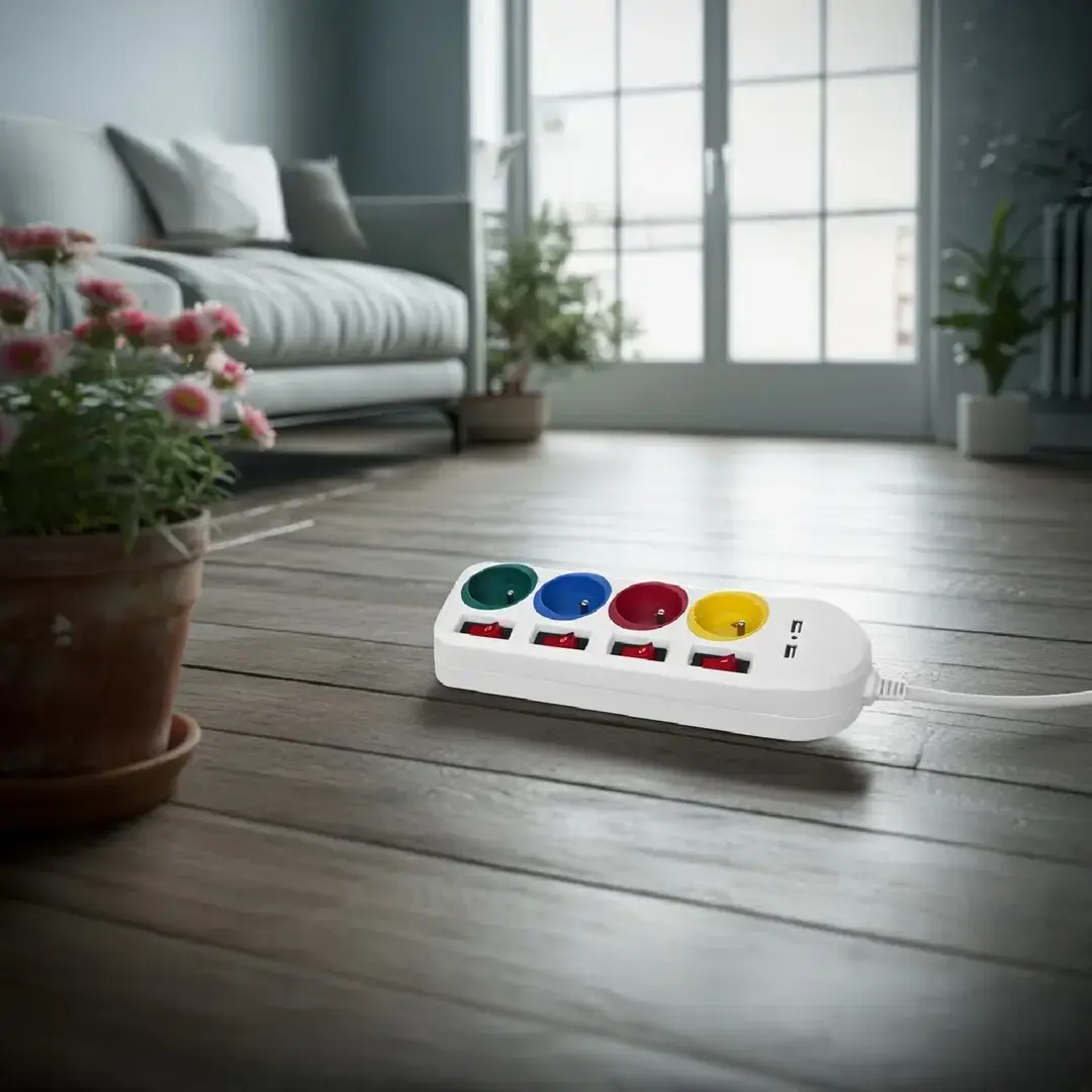 Maclean power strip, extender 4 sockets + 2xUSB, with switches, 250VAC/10A, 2.1A 5V, 1.5m, white, MCE229 W