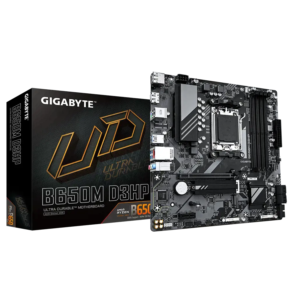 "Gigabyte B650M D3HP" (1.0 red.), AMD, "Socket AM5", "AMD Ryzen™ 5", "AMD Ryzen 7 7th Gen", "AMD Ryzen 9 7th Gen", "Socket AM5", DDR5-SDRAM, 192 GB