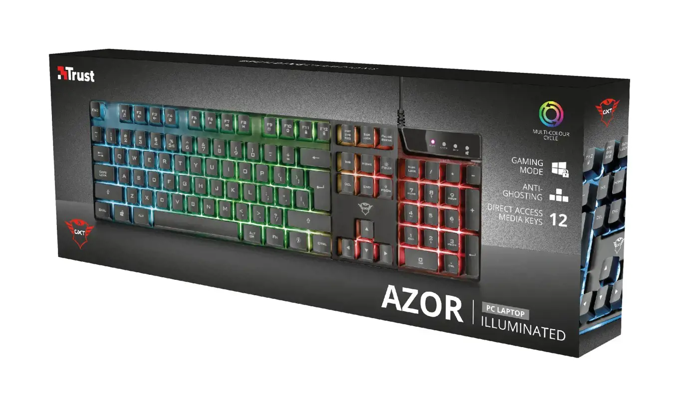 "Trust GXT 835 Azor", pilno dydžio (100%), USB, mechaninis, QWERTY, LED, juodas