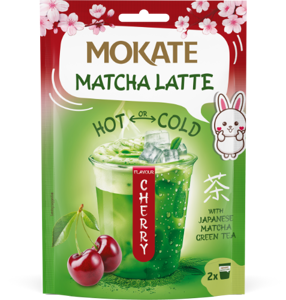 Žaliosios arbatos gėrimas MOKATE Matcha latte vyšnių skonio 40g
