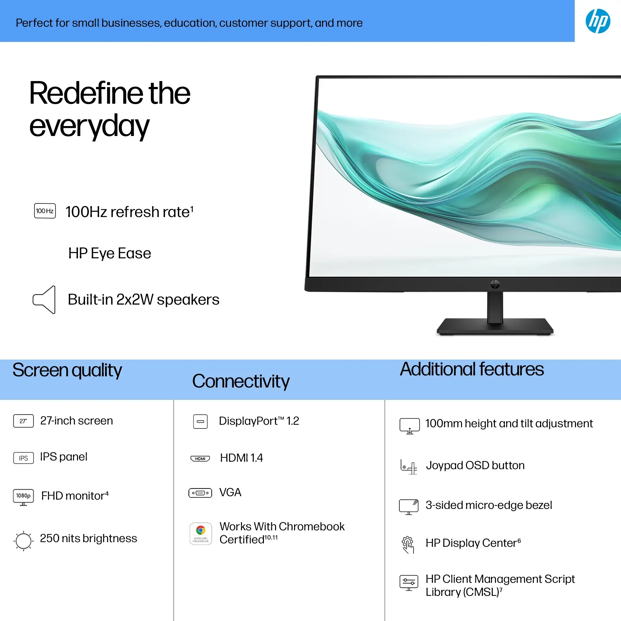 HP 327ph Series 3 Pro FHD Monitor - 27" 1920x1080 FHD 250-nit 100Hz AG, IPS, HDMI/VGA/DisplayPort, speakers, height adjustable/tilt, 3 years (replaces P27h G5)