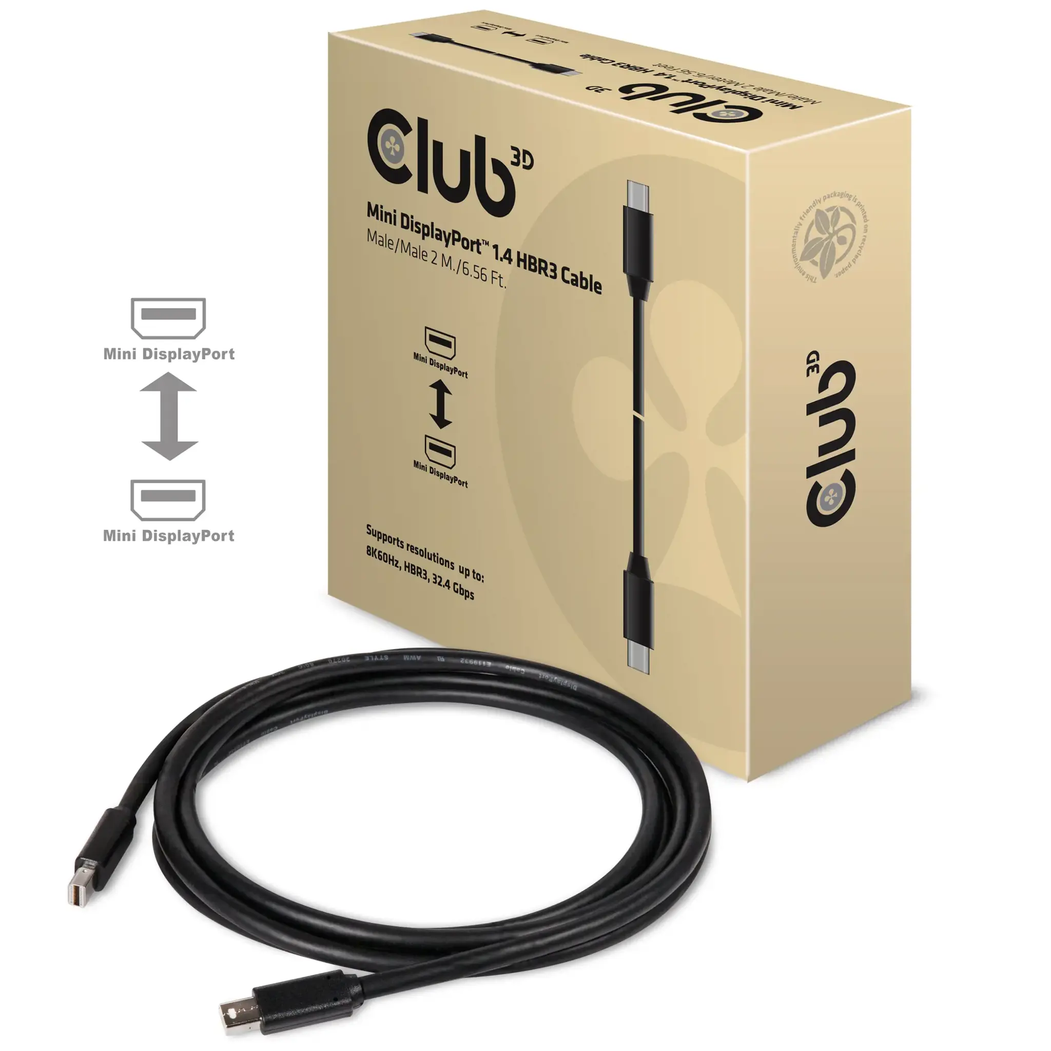 CLUB3D Mini DisplayPort 1.4 Cable HBR3 8K60Hz Male / Male 2 mtr. / 6.56 Ft., 2 m, Mini Displayport, Mini Displayport, Male, Male, 7680 x 4320 pixels