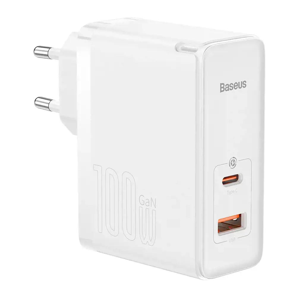 "Baseus GaN5 Pro" sieninis įkroviklis USB-C + USB, 100 W + 1 m kabelis (baltas)
