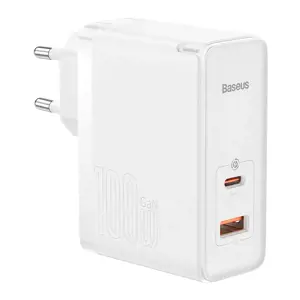 "Baseus GaN5 Pro" sieninis įkroviklis USB-C + USB, 100 W + 1 m kabelis (baltas)