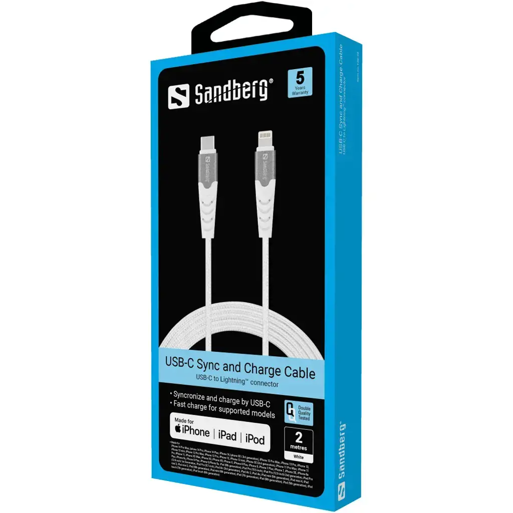 "Sandberg" USB-C PD to Lightning MFI 2M, 2 m, Lightning, USB C, vyriškas, vyriškas, baltas