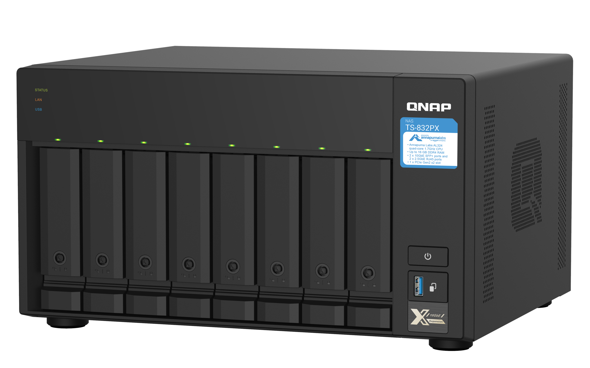 QNAP TS-832PX, NAS, bokštas, "Annapurna Labs", AL324, aliuminis, juodas