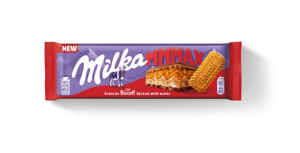 Pieninis šokoladas MILKA Biscoff iš Alpių pieno su karamelizuotų sausainių gabalėliais, 275g