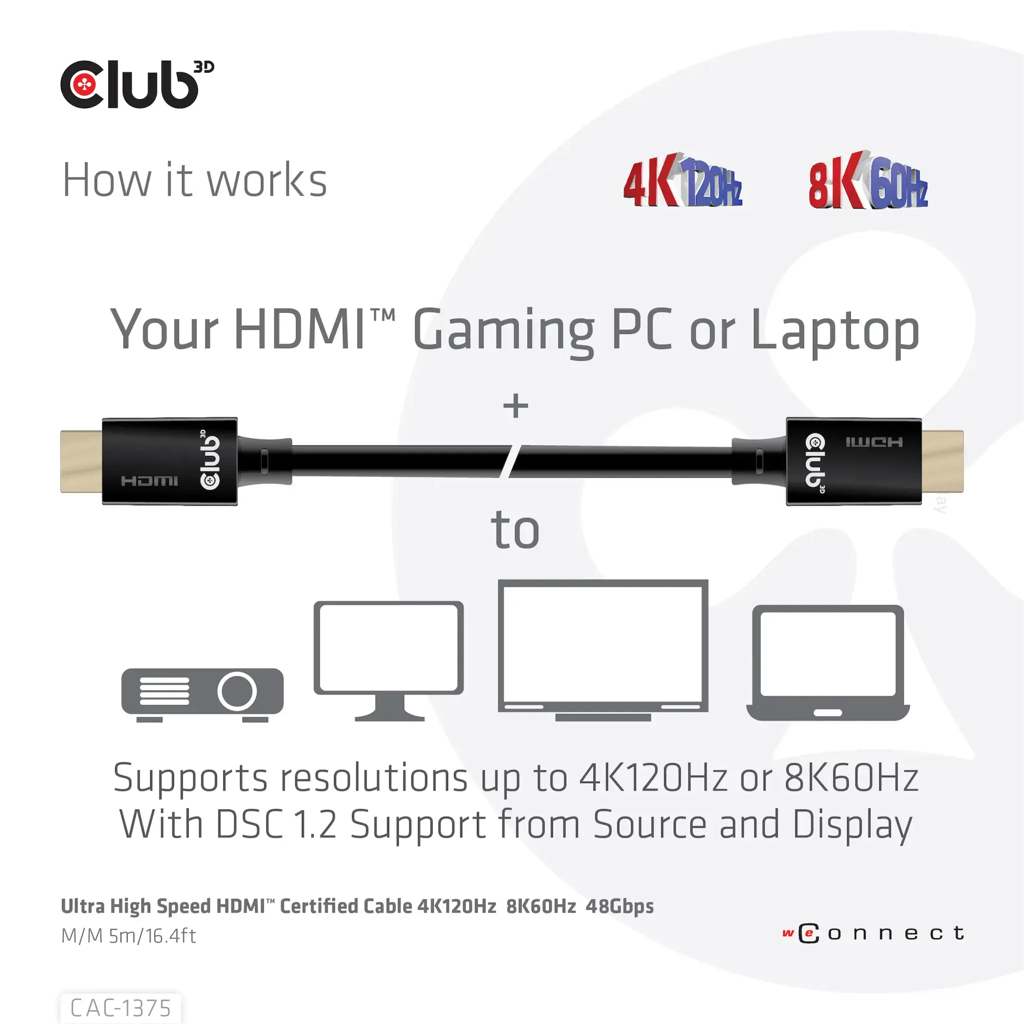 CLUB3D Ultra High Speed HDMI™ Certified Cable 4K120Hz 8K60Hz 48Gbps M/M 5m/16.4ft, 5 m, HDMI Type A (Standard), HDMI Type A (Standard), 48 Gbit/s, Audio Return Channel (ARC), Black