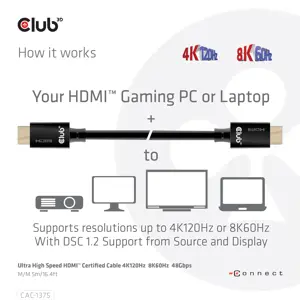 CLUB3D Ultra High Speed HDMI™ Certified Cable 4K120Hz 8K60Hz 48Gbps M/M 5m/16.4ft, 5 m, HDMI Type A (Standard), HDMI Type A (Standard), 48 Gbit/s, Audio Return Channel (ARC), Black