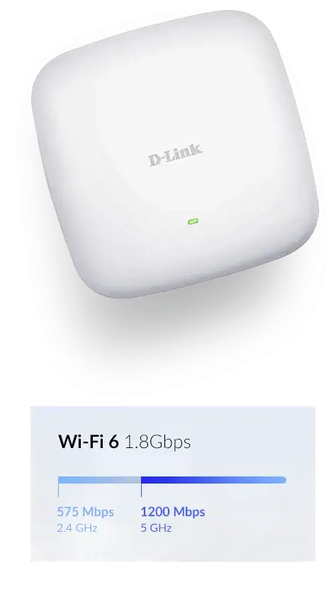 D-Link DAP-X2810 AX1800 Wi-Fi 6 dviejų dažnių PoE prieigos taškas, 1800 Mbit/s, 575 Mbit/s, 1200 Mbit/s, 10,100,1000 Mbit/s, 2,4/5 GHz, IEEE 802.11a, IEEE 802.11ac, IEEE 802.11ax, IEEE 802.11b, IEEE 802.11g, IEEE 802.11n, IEEE 802.11g, IEEE 802.11n, IEEE...