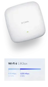 D-Link DAP-X2810 AX1800 Wi-Fi 6 dviejų dažnių PoE prieigos taškas, 1800 Mbit/s, 575 Mbit/s, 1200 Mbit/s, 10,100,1000 Mbit/s, 2,4/5 GHz, IEEE 802.11a, IEEE 802.11ac, IEEE 802.11ax, IEEE 802.11b, IEEE 802.11g, IEEE 802.11n, IEEE 802.11g, IEEE 802.11n, IEEE...