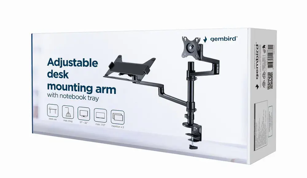 GEMBIRD REGULIUOJAMAS DARBALAUKIO RANKOS/MONITORIAUS LAIKIKLIS + NEŠIOJAMOJO KOMPIUTERIO LAIKIKLIS 17-32, VESA 100X100 MM, IKI 8 KG