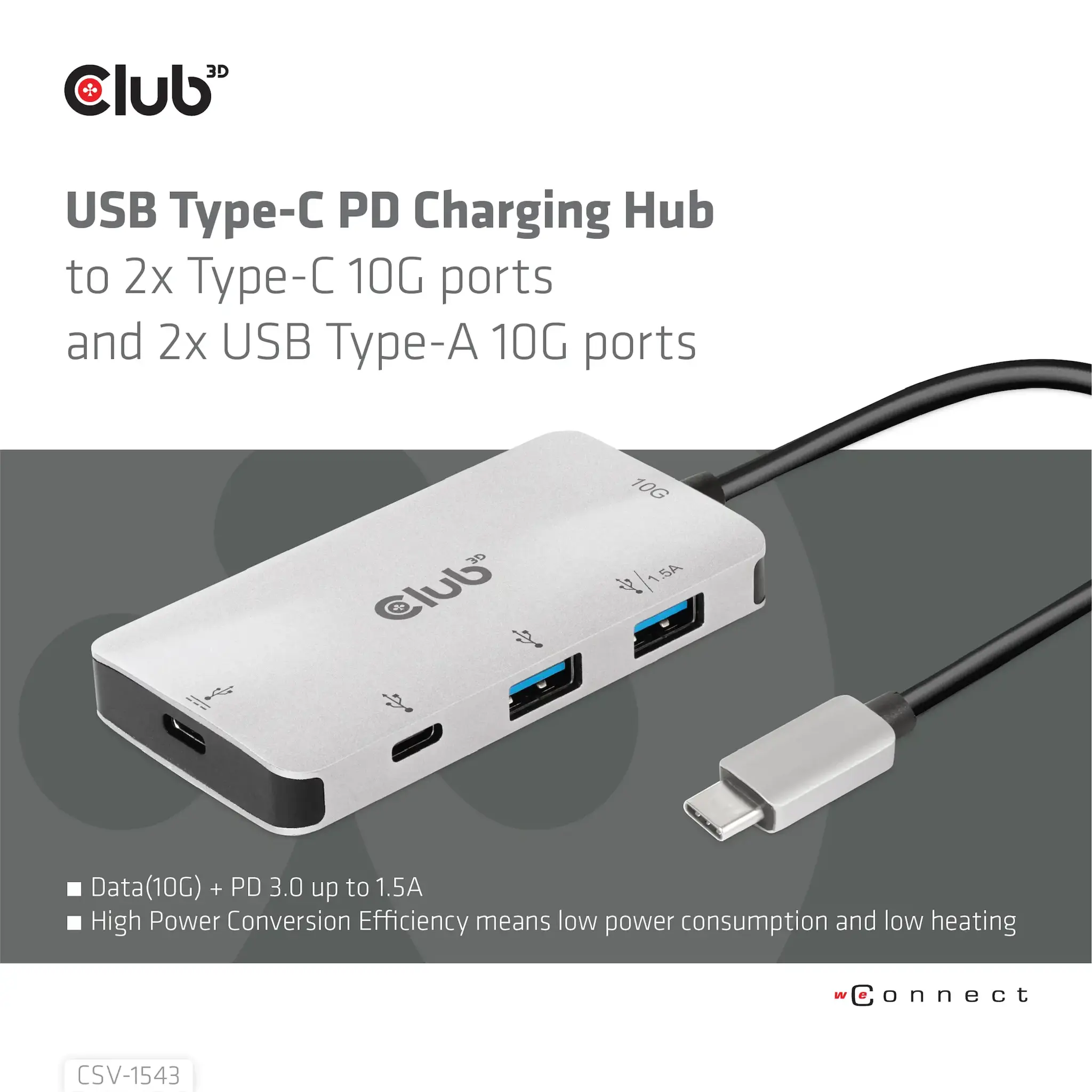 CLUB3D USB Gen2 Type-C PD Charging Hub to 2x Type-C 10G ports and 2x USB Type-A 10G ports, USB 3.2 Gen 2 (3.1 Gen 2) Type-C, USB 3.2 Gen 2 (3.1 Gen 2) Type-A, USB 3.2 Gen 2 (3.1 Gen 2) Type-C, 10000 Mbit/s, Black, Silver, 100 W, Round cable