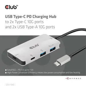 CLUB3D USB Gen2 Type-C PD Charging Hub to 2x Type-C 10G ports and 2x USB Type-A 10G ports, USB 3.2 Gen 2 (3.1 Gen 2) Type-C, USB 3.2 Gen 2 (3.1 Gen 2) Type-A, USB 3.2 Gen 2 (3.1 Gen 2) Type-C, 10000 Mbit/s, Black, Silver, 100 W, Round cable