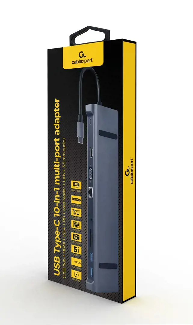 GEMBIRD A-CM-COMBO10-01 USB tipo C 10in1 kelių prievadų adapteris USB šakotuvas + HDMI + VGA + PD + PD + kortelių skaitytuvas + LAN + 3,5 mm garso erdvė pilka