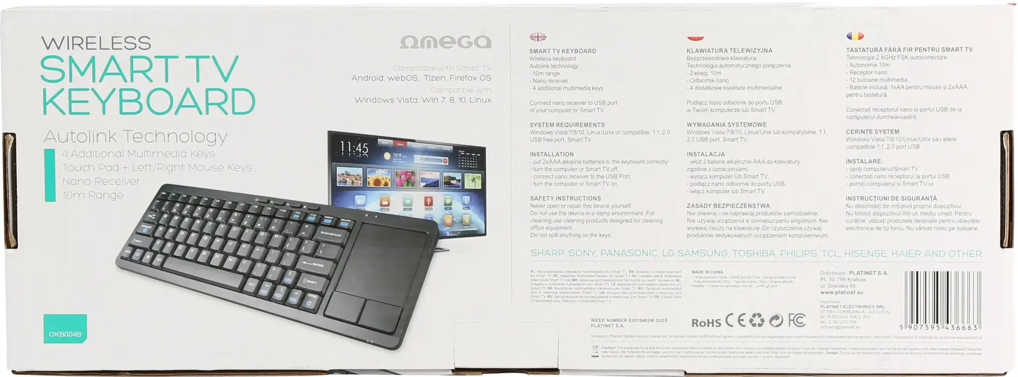 Omega OKB004B belaidė klaviatūra + jutiklinė planšetė, skirta išmaniajam televizoriui | Android | MacOS | Linux | iTV | 2,4 Ghz USB juoda (LAT)