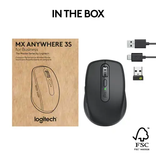 Logitech MX Anywhere 3S for Business, Right-hand, Laser, RF Wireless + Bluetooth, 8000 DPI, Graphite